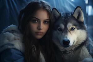 AI generated young woman hugging with her husky dog with generative ai photo