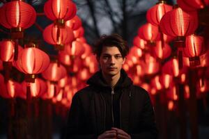 ai generado hermoso chino hombre celebrar a chino linterna festival con generativo ai foto