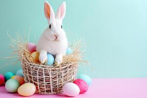 ai generado un linda conejito con vistoso pastel Pascua de Resurrección huevos cesta con generativo ai foto