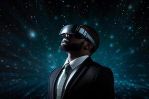 AI generated businessman wearing vr glasses looking at the night sky star with generative ai photo