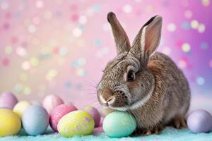 AI generated easter bunny with colorful eggs pastel style bokeh style background with generative ai photo
