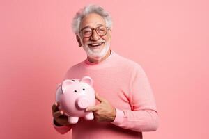 ai generado antiguo hombre participación cerdito banco con generativo ai foto