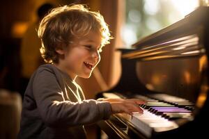 AI generated a boy playing piano in living room bokeh style background with Generative AI photo