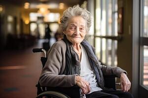 AI generated old disabled woman sitting on wheelchair in the nursing home bokeh style background with generative ai photo