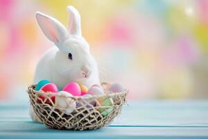 ai generado un linda conejito con vistoso pastel Pascua de Resurrección huevos cesta con generativo ai foto