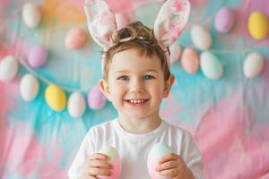 ai generado joven chico niño participación vistoso pastel Pascua de Resurrección huevos con generativo ai foto