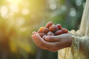 AI generated woman hand holding date palm fruit bokeh style background with generative ai photo