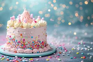 AI generated pastel birthday cake bokeh style background with generative ai photo