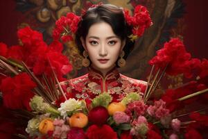 AI generated beautiful chinese bride in traditional wedding dress and flower with generative ai photo