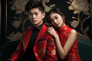 AI generated chinese couple in traditional clothes with generative ai photo