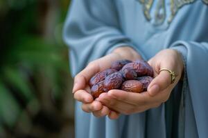 AI generated woman hand holding date palm fruit bokeh style background with generative ai photo