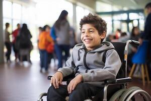 ai generado joven discapacitado chico sentado en silla de ruedas a colegio sonriente bokeh estilo antecedentes con generativo ai foto