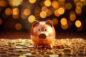 AI generated piggy bank and coins bokeh style background with generative ai photo