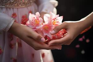 AI generated hands holding flower together with generative ai photo