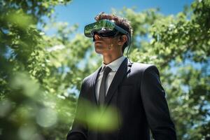 AI generated businessman wearing vr glasses looking at nature view bokeh style background with generative ai photo