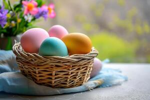 AI generated colorful pastel easter eggs basket bokeh style background with generative ai photo