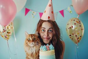 ai generado un mujer celebrando su gato cumpleaños con generativo ai foto