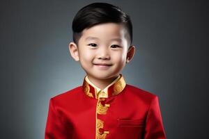 AI generated chinese new year young boy wearing suit and smiling with generative ai photo