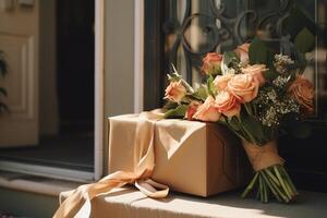 ai generado un ramo de flores de rosas y un regalo en frente de el frente puerta bokeh estilo antecedentes con generado ai foto