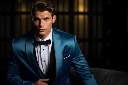 AI generated handsome man model wearing blue tuxedo bokeh style background with Generated AI photo