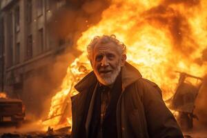 AI generated an old man standing in front of a burning building bokeh style background with Generative AI photo