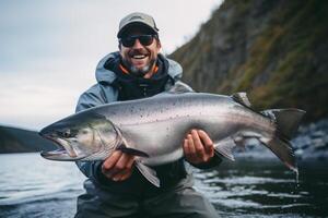 AI generated a man holding a big fish in the river bokeh style background with Generative AI photo