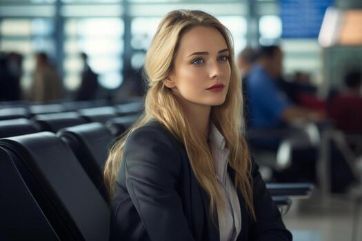 AI generated a business woman sitting on the airport chair at the airport bokeh style background with Generative AI photo