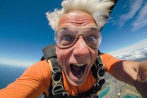 AI generated an old man taking a selfie while skydiving with Generated AI photo