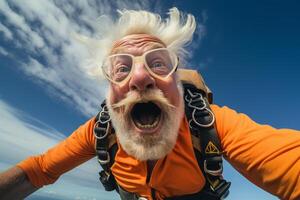 AI generated an old man taking a selfie while skydiving with Generated AI photo