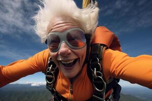 AI generated an old woman taking a selfie while skydiving with Generated AI photo