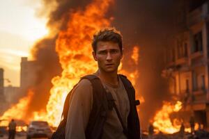 AI generated a man standing in front of a burning building bokeh style background with Generative AI photo