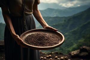 AI generated a woman holding a wood tray of coffee beans in front of nature background bokeh style background with Generative AI photo
