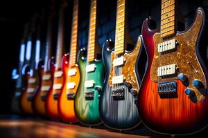 AI generated several of electric guitars bokeh style background with Generative AI photo