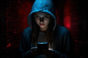 AI generated female hacker hacking from phone with generative ai photo