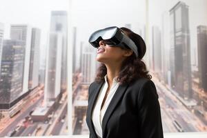 AI generated businesswoman wearing vr glasses looking at building landscape view  with generative ai photo