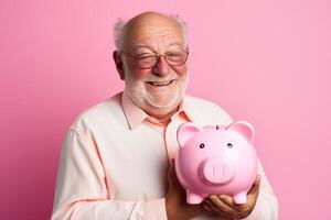AI generated old man holding piggy bank with generative ai photo