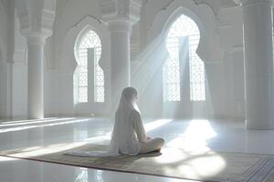 AI generated muslim woman praying in the masjid with generative ai photo