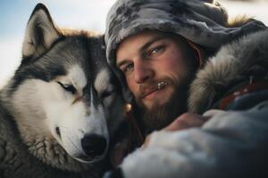 AI generated young man hugging with his husky dog with generative ai photo