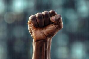 AI generated black skin hand raised fist bokeh style background with generative ai photo