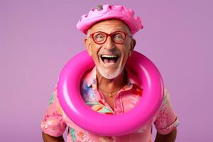 AI generated a happy old man holding pink rubber ring with generative ai photo