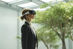 AI generated businesswoman wearing vr glasses looking at nature view bokeh style background with generative ai photo