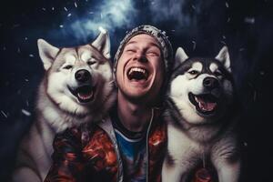 AI generated young man laughing with two huskies dogs with generative ai photo