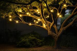 AI generated a string of lights hanging on the tree bokeh style background with generative ai photo