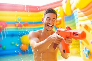 ai generado un hombre jugando agua pistola a Songkran día con generativo ai foto