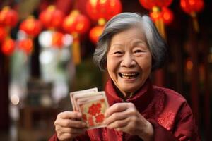 ai generado chino abuela vistiendo tradicional traje y participación aung pao bokeh estilo antecedentes con generativo ai foto