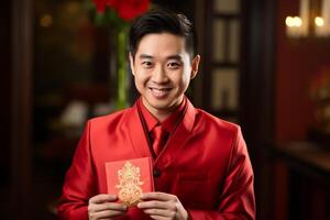 AI generated chinese man wearing traditional suit and holding aungpao bokeh style background with generative ai photo