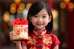 AI generated chinese young girl wearing qipao dress and holding aungpao bokeh style background with generative ai photo