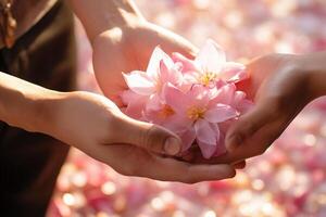 AI generated hands holding flower together with generative ai photo