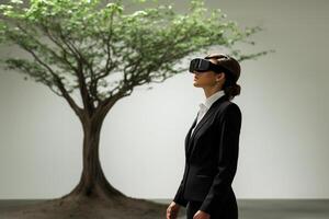 AI generated businesswoman wearing vr glasses looking at nature view bokeh style background with generative ai photo