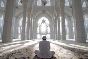 AI generated muslim man praying in the masjid with generative ai photo